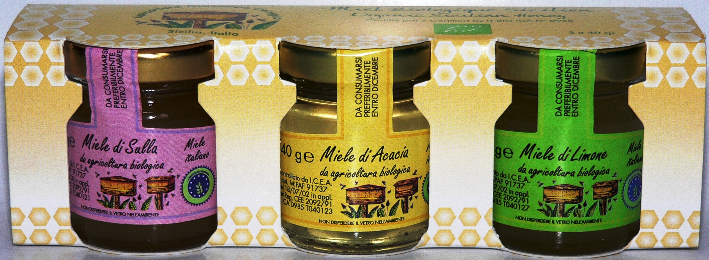 Nos trois miels biologiques regroupés en 1 trio de 3 x 40 gr.